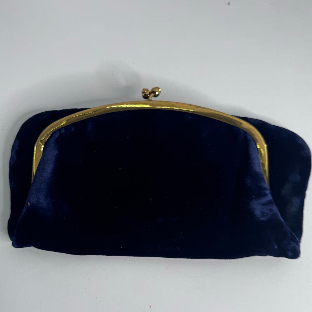 VTG Mel Ton Navy Velvet Bag Clutch Purse Brass Clasp Rare Color Evening Prom